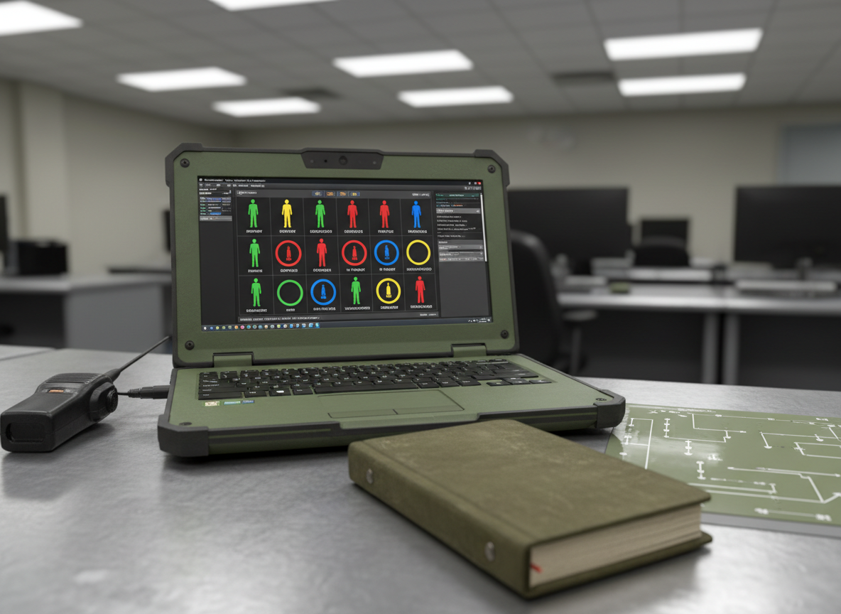 A close-up, photographic view of a rugged military laptop on a clean metal desk, its screen displaying a secure personnel accountability interface with abstracted silhouettes and colored status indicators instead of names or faces. Around the laptop lie a closed encrypted radio handset, a sturdy green notebook, and a laminated, text-free unit diagram. Overhead fluorescent lighting casts even, cool illumination, picking up fine textures on the laptop’s rubberized casing and the brushed metal surface. Shot from a slightly elevated angle, with shallow depth of field that blurs the distant command room background, the composition feels focused, professional, and ready for rapid decision-making.