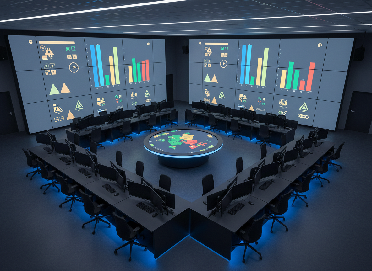 A wide, photographic shot of a modern military command center interior, with rows of unattended workstations arranged in a U-shape around a central digital situation table displaying a simplified, text-free map of unit positions and readiness. Large vertical wall screens glow with clean, color-coded status bars and neutral geometric icons. The space is lit by soft, dimmed overhead LEDs and subtle blue accent lighting from under-console strips, creating a calm but vigilant atmosphere. Captured from a slightly elevated corner with sharp focus throughout, the image emphasizes coordinated unit management, technological sophistication, and disciplined order without showing any people or readable data.